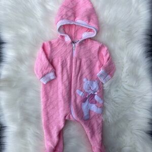 Vintage Baby Knit Romper with Hood - Pink Baby Bunting with Teddy Bear Appliqué